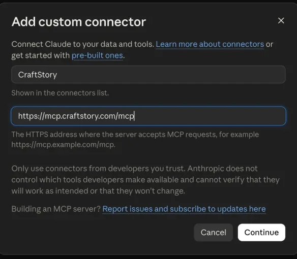 Add custom connector dialog in Claude with the name CraftStory and the URL https://mcp.craftstory.com/mcp