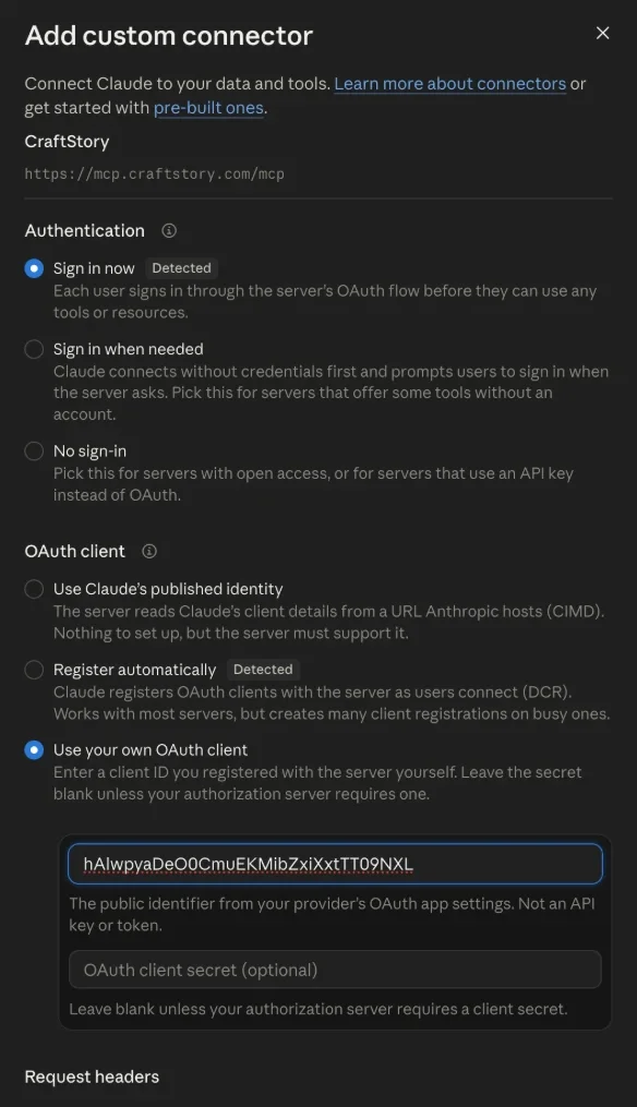 Authentication set to Sign in now and OAuth client set to Use your own OAuth client with the CraftStory client ID