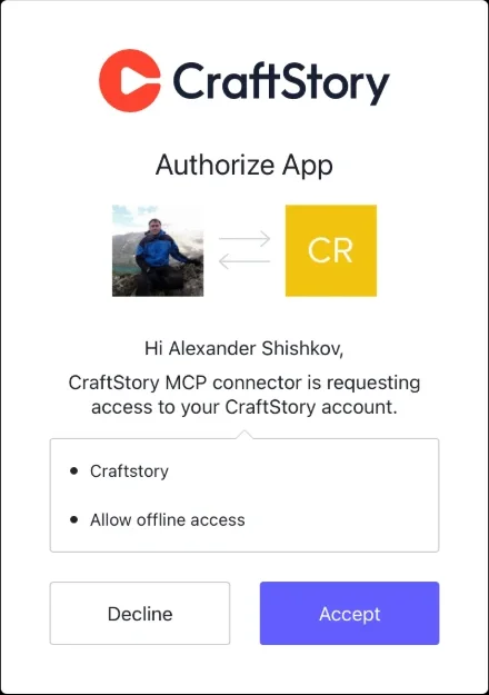 CraftStory authorization screen: CraftStory MCP connector requests access to your account, with Decline and Accept buttons