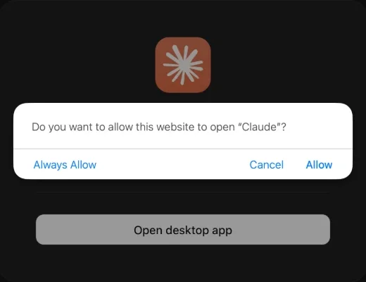 Browser prompt asking to open the Claude desktop app after authorization