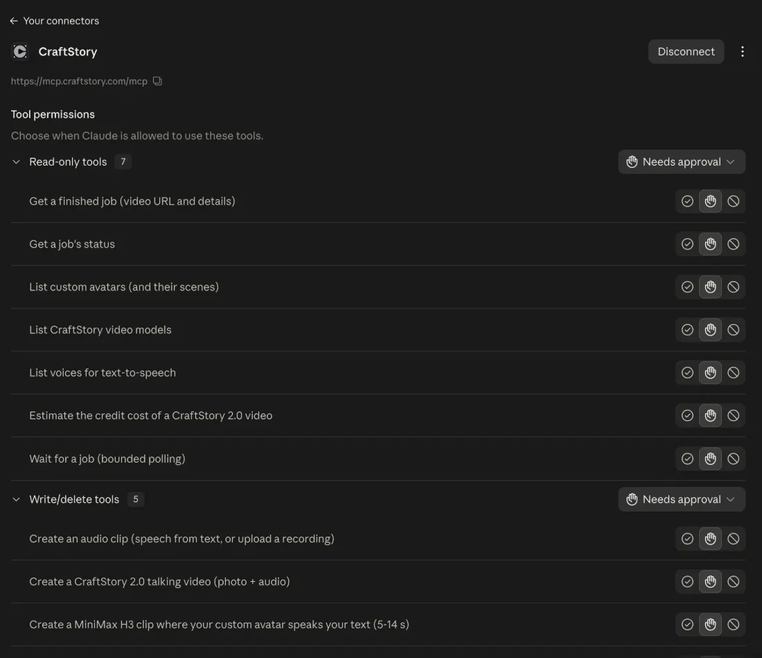 Connected CraftStory connector in Claude settings with the list of read-only and write tools and their approval modes